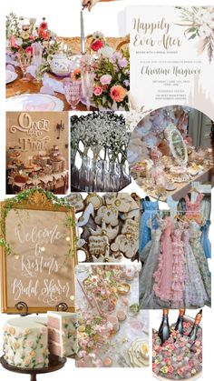 a collage of wedding and bridal items including cake, wine glasses, menus