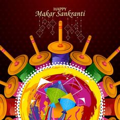 happy makar sanki greeting card with colorful umbrellas and thread spools