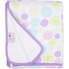 an image of a baby blanket with purple and green flowers on the front, and white background