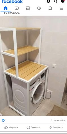 a washer and dryer in a room with white tile flooring on the walls