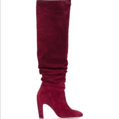 Brand New Never Worn, With Box And Dust Bag Burgundy Tigh High Boots, Berry Colored Boots, Slouchy Leather Boots, Burgundy Boots, Womens Designer Boots, Seventies Fashion, Slouchy Boots, Boots Suede, Red Boots