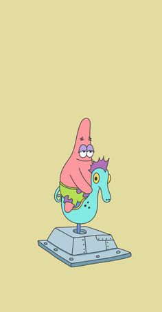 a cartoon character sitting on top of a blue and green horse with a pink hat