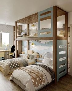 two beds in a room with bunk beds