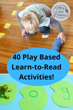 a young boy playing with paper cut out numbers on the floor and an image of a frog