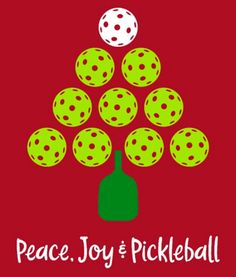 the peace joy and pickleball logo on a red background with green polka dots