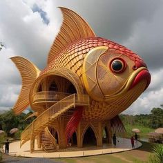 a large fish sculpture sitting on top of a lush green field