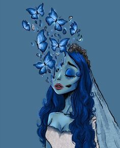 a woman with blue hair and butterflies on her head is shown in this artistic drawing