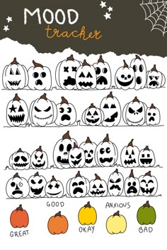 halloween pumpkins with faces drawn on them and the words'mood teacher'in different colors