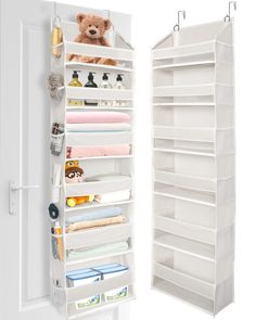 an open closet door with shelves for towels and other items