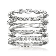 Ross-Simons - Sterling Silver Jewelry Set: Five Stackable Rings. Size 8. This set of five on-trend rings puts endless opportunity for stunning stacks at your very fingertips! Includes beaded, twisted, paper clip link, bamboo-style and polished bands, handcrafted in sterling silver. 3/8" wide when worn together. Sterling silver stackable ring set. Birthstone Charm Necklace, Silver Jewelry Set, Stackable Ring Sets, Stackable Rings Silver, Cubic Zirconia Bracelet, Mixed Metal Jewelry, Silver Jewellery Sets, Gold Bangle Bracelet, Gold Plated Bracelets