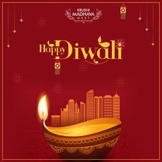 happy diwali greeting card with cityscape and lit candle on red background