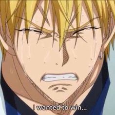 an anime character with blonde hair and blue eyes is looking at the camera, saying i wanted to win