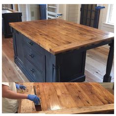 a man sanding up some wood on top of a kitchen island in a house