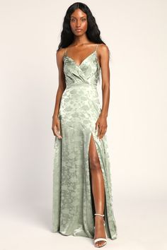 Sage Green Satin Maxi - Satin Jacquard Maxi - Floral Satin Maxi - Lulus Green Floral Satin Dress, Formal Sage Green Dress, Floral Sage Dress, Floral Sage Green Dress, Green Pattern Bridesmaid Dresses, Sage Dresses Bridesmaid, Satin Sage Green Bridesmaid Dresses, Sage Green Dress Formal, Green Floral Bridesmaid Dresses