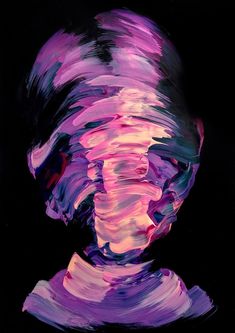 an abstract painting of a man's face with purple and pink colors on black background