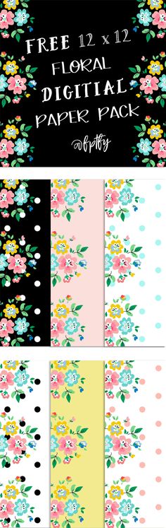 floral digital paper pack with polka dots and flowers on black, pink, blue, yellow and white