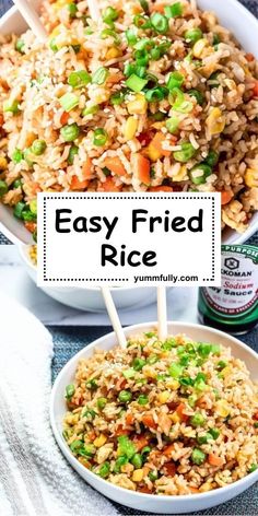 easy fried rice with peas and carrots in a white bowl