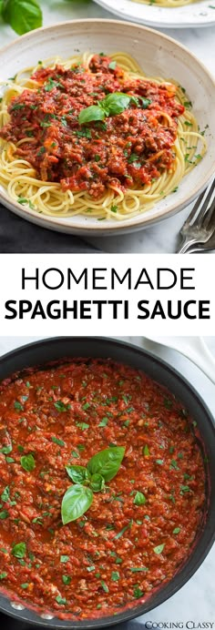 homemade spaghetti sauce in a skillet with basil leaves on top and an image of the same dish