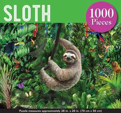 a puzzle box with a sloth hanging on a branch in the jungle, surrounded by tropical plants and birds