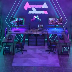 a gaming room with neon lights and desks