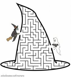 a cartoon witch hat maze with a cat and ghost on it, as well as the word