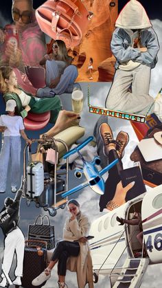 a collage of people sitting and standing in the clouds with their feet propped up