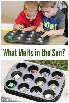 two pictures with the words what melts in the sun? and an image of cupcake tins