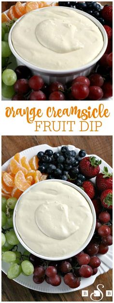 orange creamsice fruit dip in a bowl with grapes and strawberries on the side