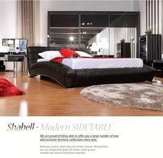 a bedroom with black furniture and red pillows on the bed is featured in an ad for shabull