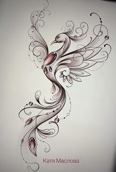 a drawing of a bird with swirls on it's wings