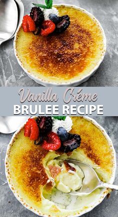 vanilla creme brulee recipe with berries and whipped cream in two bowls on a table