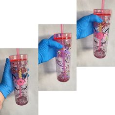 two pictures of someone wearing blue gloves and holding a pink tumbler with unicorns on it