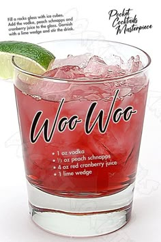 a red drink in a glass with lime wedge on the rim and an ad for woo woo