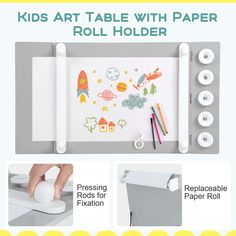 the kids art table with paper roll holder is shown in three different positions and features instructions