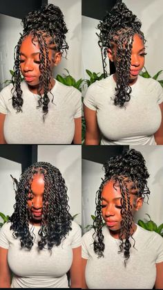 How To Style Bob Locs, Hairstyles For Short Knotless With Curls, Boho Twists Hairstyle Ideas, Boho Knotless Bob Styles, Styles For Boho Bob, Short Knotless Twist Braids, Sengalese Twists Boho Bob, Boho Short Braids Hairstyles, Styles For Short Boho Knotless Braids