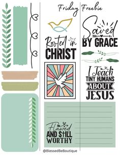 the bible journal stickers are shown in various colors and styles, including blue, green,