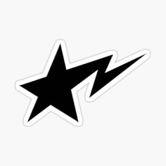 a black and white star sticker with an arrow on the bottom, in front of a