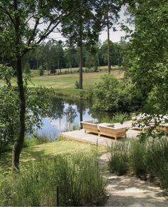 a wooden bench sitting on top of a lush green field next to a lake and forest