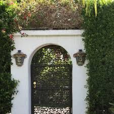 an arched door is surrounded by greenery