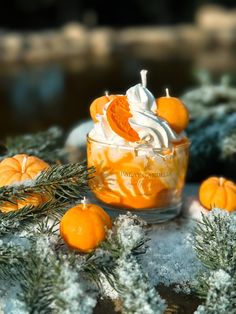 an orange dessert with whipped cream and pumpkins on the snow covered ground, surrounded by pine needles