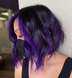 Purple Black Hair Short, Purple Hair For Short Hair, Black And Purple Underneath Hair, Short Black Hair With Purple Streaks, Dyed Hair Streaks Short Hair, Purple Hair Ideas For Short Hair, Black Purple Short Hair, Black Hair With Purple Highlights Short, Purple Ombre Short Hair