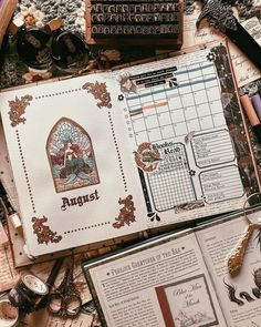 the contents of a planner spread out on a table with scissors, pens and other items