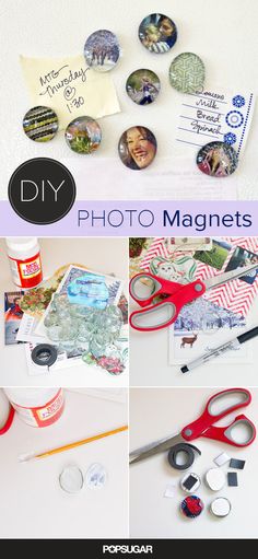 collage of photos and magnets with text overlay that reads diy photo magnets