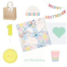 a birthday card with an assortment of items including candy, cupcakes and cake