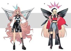 two anime characters are standing side by side, one with wings on her head and the other with long hair