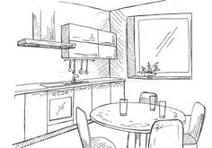 a kitchen with table and chairs sketched on white paper stock photo © artmage