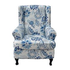 a blue and white chair with flowers on it