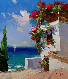 an oil painting of flowers growing on the side of a building by the ocean with sailboats in the background