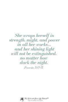 a white background with green lettering and a quote from the book she wraps herself in strength, night, and power in all her works