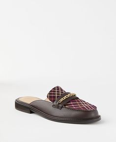 Our plaid chain loafer slides put your best foot forward. Round toe. Padded footbed for complete comfort. 3/4" heel.,Imported:Imported, Fabrication:77% Polyester, 22% Viscose, 1% Spandex Plaid Chain Loafer Slides by Ann Taylor Size Classic - 7 1/2 Chocolate Women's Flat, Flats, Footwear, 77%, Polyester, 22%, Viscose, 1%, Spandex Loafer Slides, Knitted Suit, Detail Shop, Double Knitting, Womens Flats, Effortless Style, Ann Taylor, Slides, Loafers